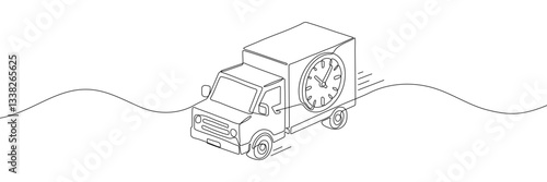 Сontinuous one-line drawing vector illustration of a delivery truck with a clock on its side, symbolizing express shipping, logistics, and fast service