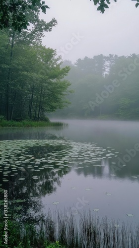 Gentle ripples forming on a pond during a soft drizzle, tranquil water. Vertical