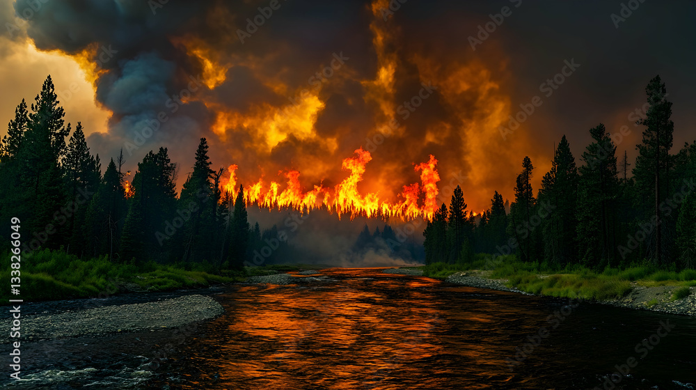 Obraz premium Intense forest fire scene with river and dramatic smoke in nature