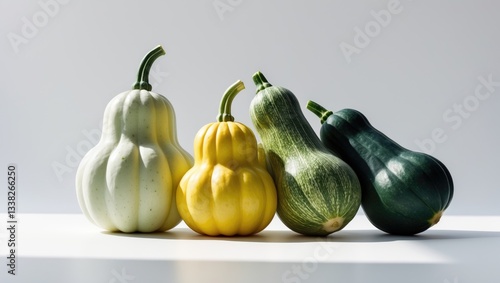 Three fresh diverse pattypan squashes against a white background.