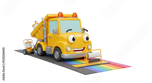 Yellow truck with a smiling face on a rainbow road is perfect for childrens books, toy packaging, and transportationthemed designs. photo