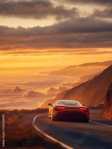 Wallpaper Mural A sleek sports car cruises along a coastal road, set against the backdrop of a dramatic sunset Torontodigital.ca