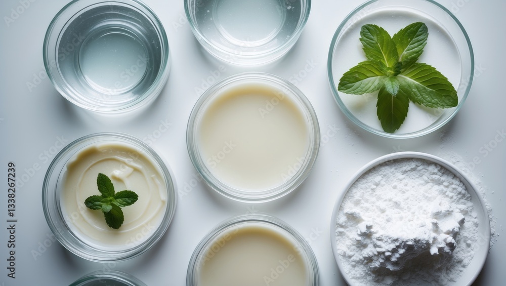 Petri dishes containing cosmetic products on a white background. Aerial view, cosmetic science laboratory. Natural medicine, research, organic skincare items. Petri dishes containing cosmetic products on a white background. Aerial view, cosmetic science laboratory. Natural medicine, research, organic skincare items.