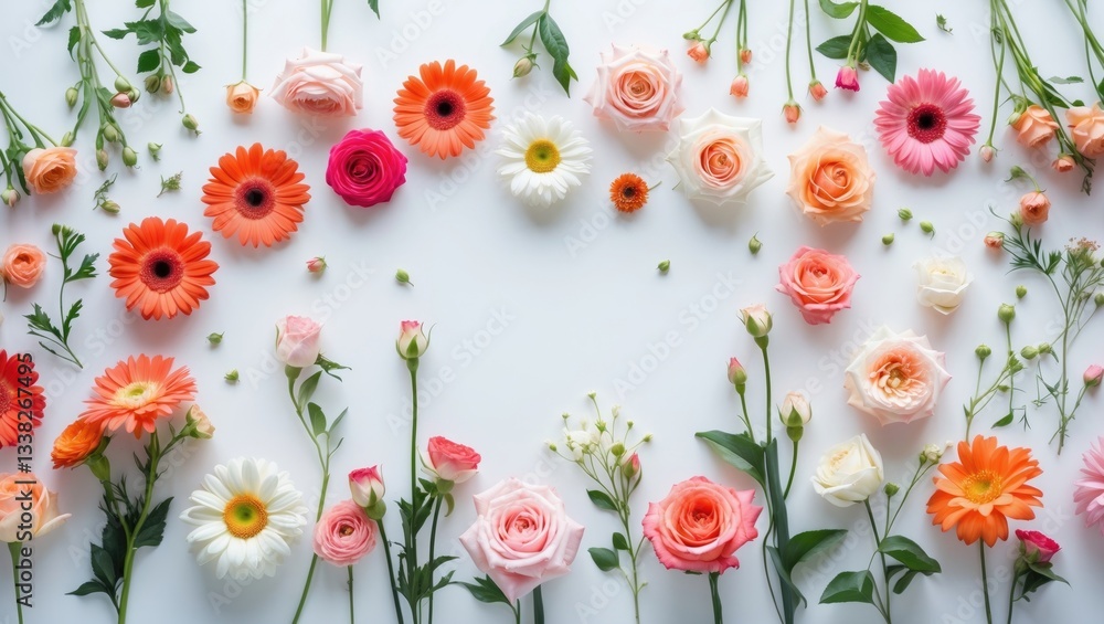 Fototapeta premium Flat lay arrangement of vibrant flowers on a white backdrop.