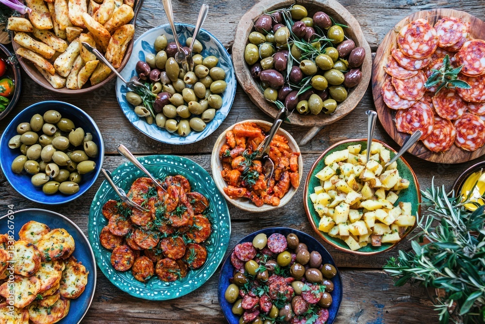 An array of delectable tapas featuring marinated olives fried potato chorizo and other foods arranged elegantly An array of delectable tapas featuring marinated olives fried potato chorizo and other foods arranged elegantly
