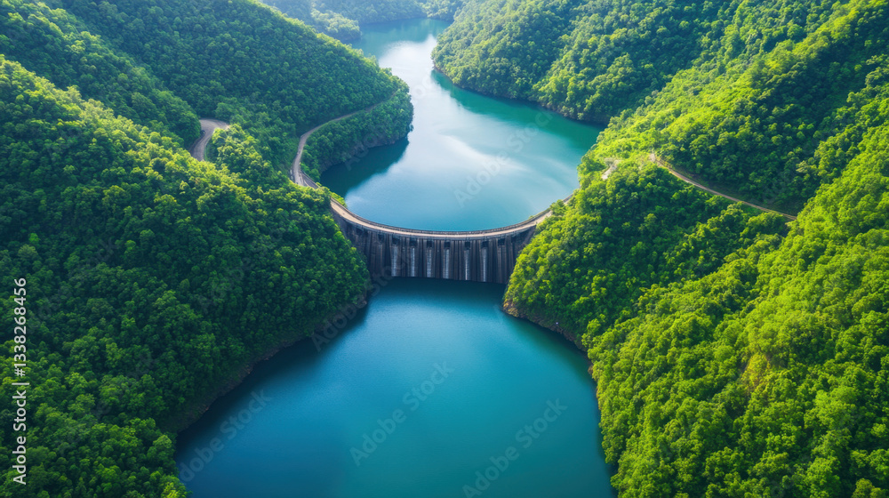 Aerial view of large hydroelectric dam surrounded by lush green mountains and serene blue lake, showcasing beauty of nature and engineering Aerial view of large hydroelectric dam surrounded by lush green mountains and serene blue lake, showcasing beauty of nature and engineering