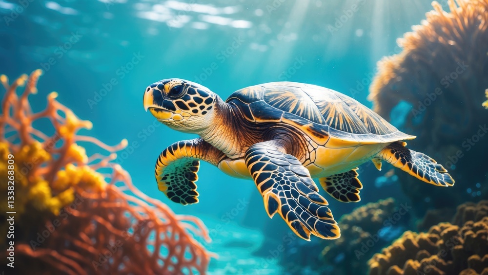 Fototapeta premium Eretmochelys imbricata Hawksbill sea turtle gliding through a blue lagoon.