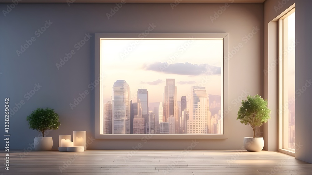 Naklejka premium An empty lit window in the daytime. An empty place for advertising. Maquette. 3D rendering