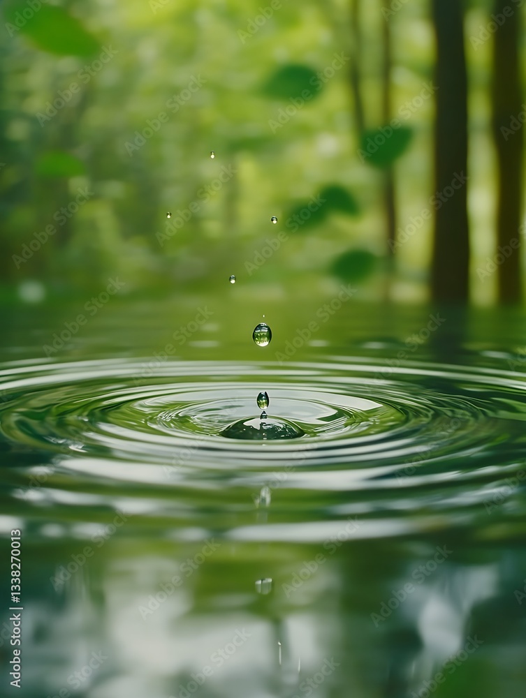 Water droplets create ripples in a serene forest pond, highlighting the beauty and tranquility of nature Water droplets create ripples in a serene forest pond, highlighting the beauty and tranquility of nature
