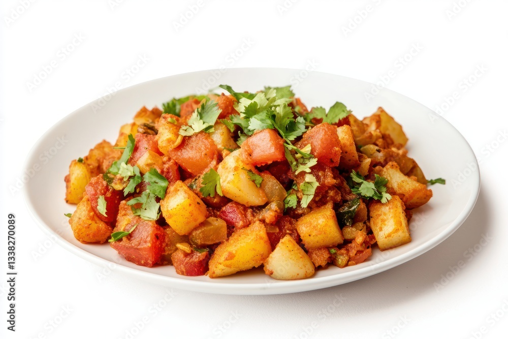 Delicious potato and tomato curry dish garnished with fresh cilantro on a plate for healthy eating diet and culinary background
