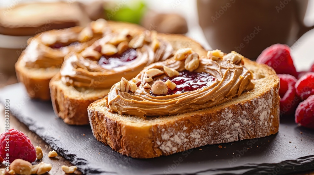 Peanut butter and red fruit jam open faced sandwich toast adorned with crushed roasted peanut topping delight Peanut butter and red fruit jam open faced sandwich toast adorned with crushed roasted peanut topping delight