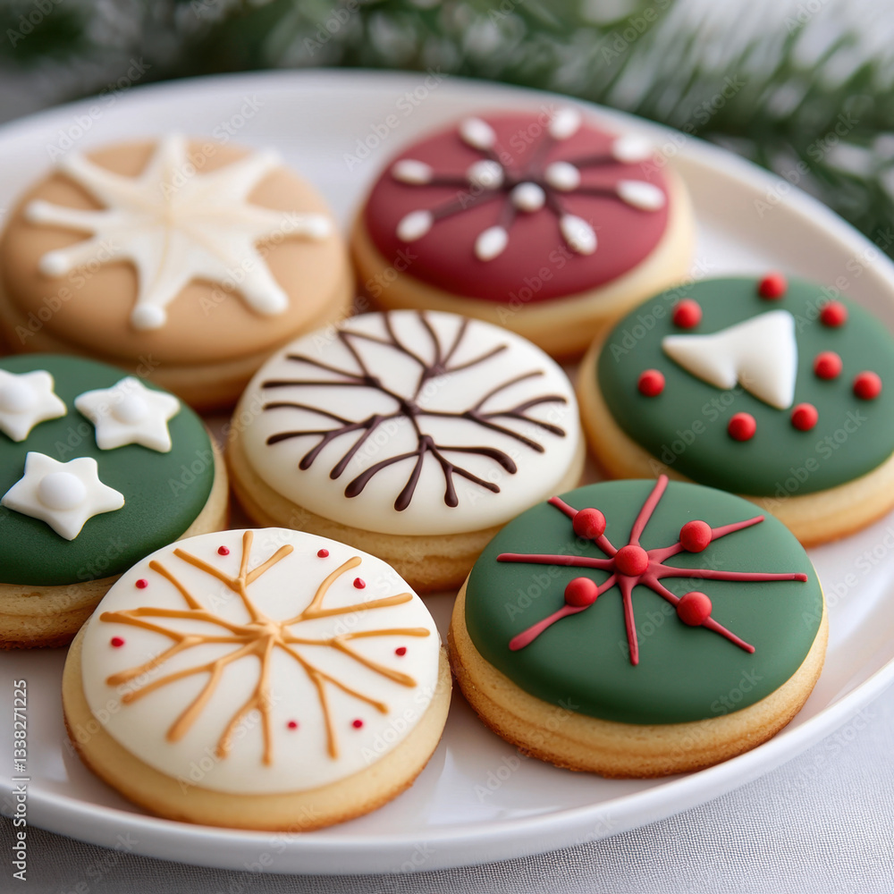 Fototapeta premium Delicious Christmas cookies decorated with festive icing in various colors and designs, perfect for holiday celebrations and gatherings