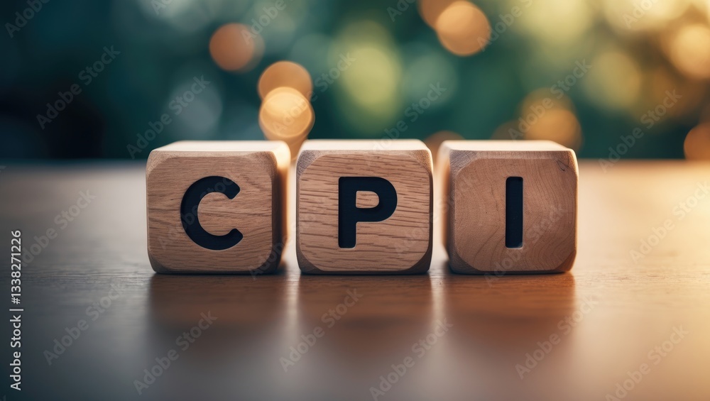 The term CPI, which stands for consumer price index, displayed on wooden blocks on a table, representing the concept of economic data. The term CPI, which stands for consumer price index, displayed on wooden blocks on a table, representing the concept of economic data.