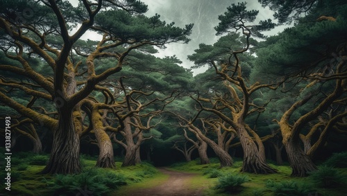 Branches of wild pine trees in a forest during overcast weather. Mature coniferous trees sway their limbs in a gentle breeze. photo