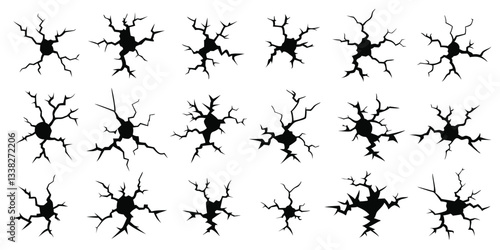 Set of Black silhouette surface different cracks and fractures patterns  