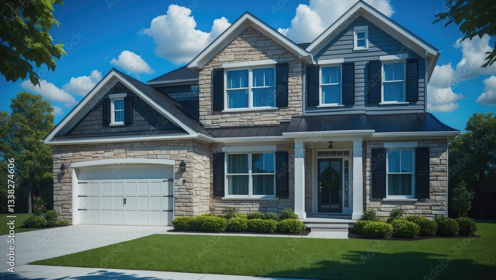Obraz premium Aerial perspective of intricate facade featuring stone veneer, gable pitched roof, gray horizontal vinyl siding, dark shutters on white frame elegant double sash windows of a single family home.