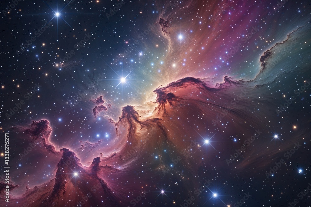 Fototapeta premium Vibrant Nebula Surrounded by Glimmering Stars and Cosmic Dust in Expansive Universe