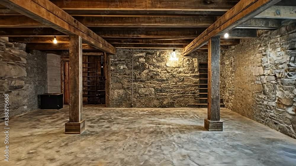 Rustic stone basement interior with wooden beams, exposed structure design element Rustic stone basement interior with wooden beams, exposed structure design element