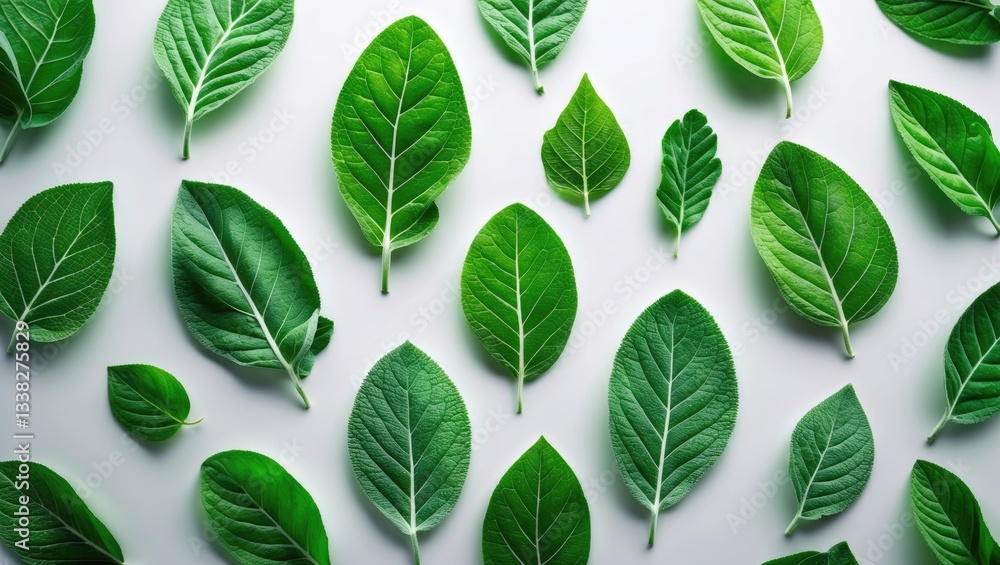 Fototapeta premium Falling sage leaves separated on a white background, complete depth of field.