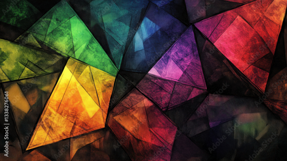 vibrant abstract image featuring geometric pattern of colorful triangles, creating stained glass effect. rich hues range from red and orange to blue and green, evoking sense of creativity vibrant abstract image featuring geometric pattern of colorful triangles, creating stained glass effect. rich hues range from red and orange to blue and green, evoking sense of creativity