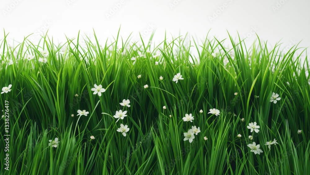 Fototapeta premium The vibrant green grass with white flowers is contrasted against a white background.