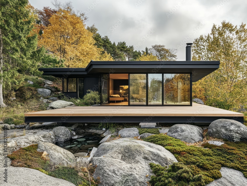 Modern cabin surrounded by natural rocks and colorful trees Modern cabin surrounded by natural rocks and colorful trees