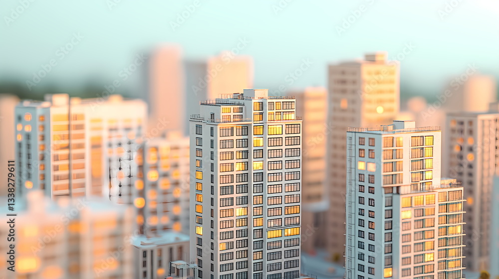 Fototapeta Miniature cityscape with illuminated skyscrapers at sunset