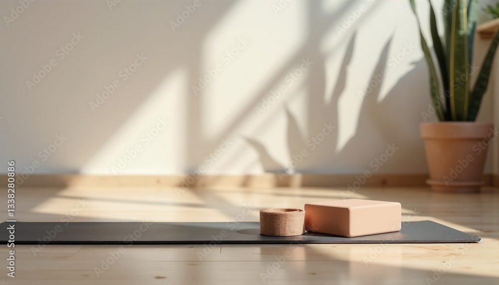 Yoga mat blocks with peaceful mood representing wellness Yoga mat blocks with peaceful mood representing wellness