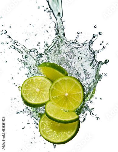 Lime slices being splashed with water, creating dynamic droplets that enhance their vibrant green color and juicy texture, perfect for refreshing beverage advertisements, food photography, or summer p