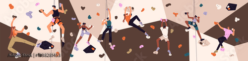 People are bouldering. Climbers are mountaineering in gym. Sportsmen are training on climbing wall back view. Athletes with belaying do sport on artificial mountain, rock. Flat vector illustration.