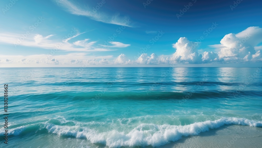 Fototapeta premium The tranquil view portrays the extensive ocean beneath a clear blue sky, embodying the essence of peace and beauty.