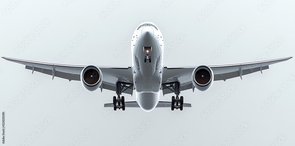 Naklejka premium Commercial Airplane Flying with Landing Gear Visible Against Sky