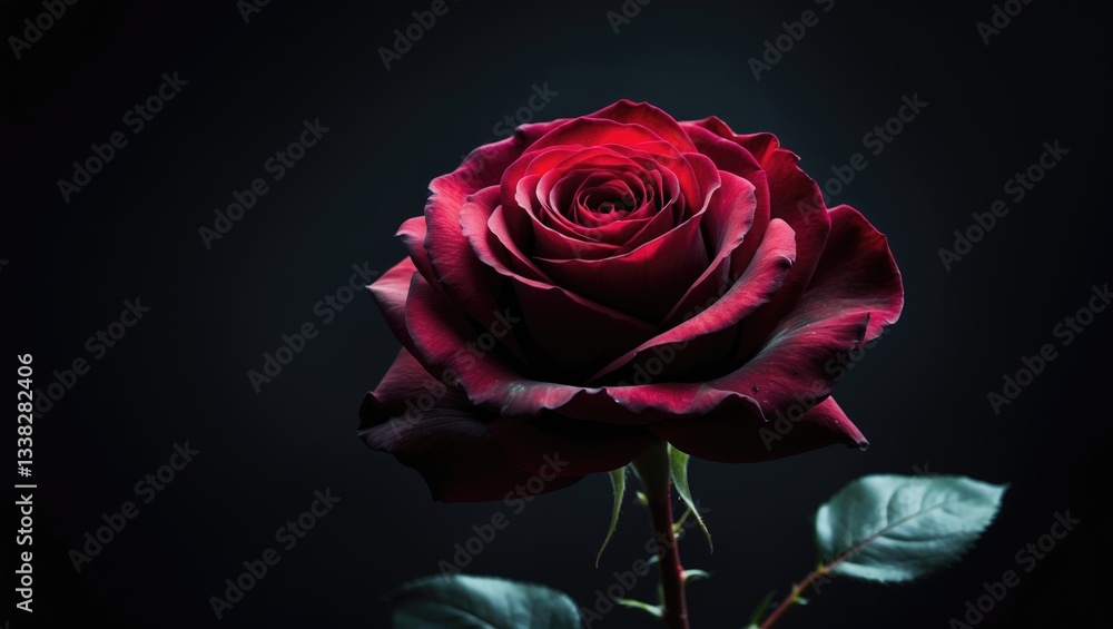 Fototapeta premium Macro view of a single red rose flower against a black background. Close-up perspective of a stunning red rose with distinct petals.