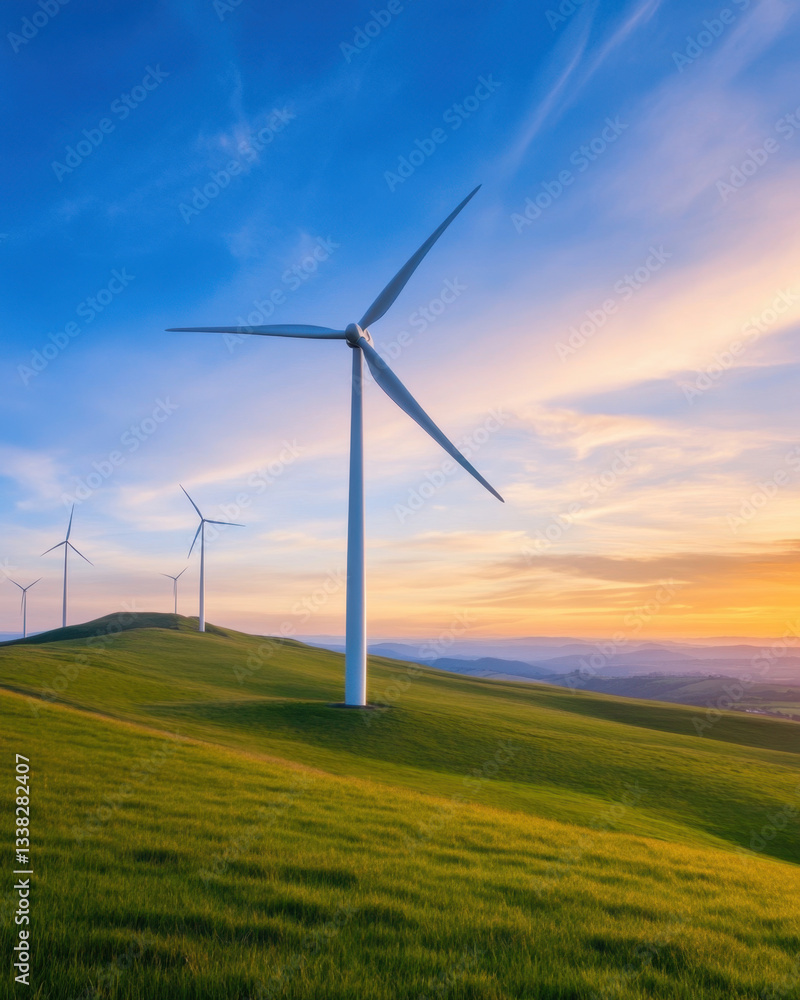 Obraz premium wind turbine stands tall in green field at sunset, surrounded by rolling hills and vibrant sky. scene evokes sense of tranquility and sustainability