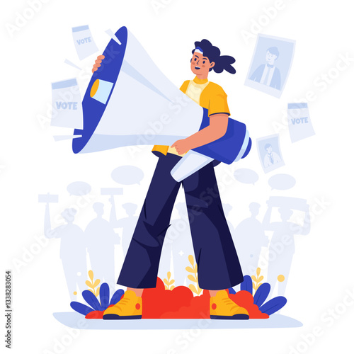 A man holding a megaphone invites to participate of election vote vector illustration