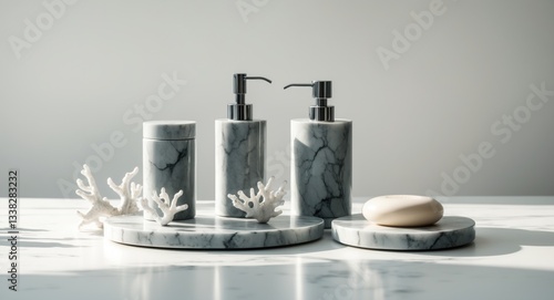 Wallpaper Mural luxury marble bathroom hygiene accessory set isolated on white Torontodigital.ca