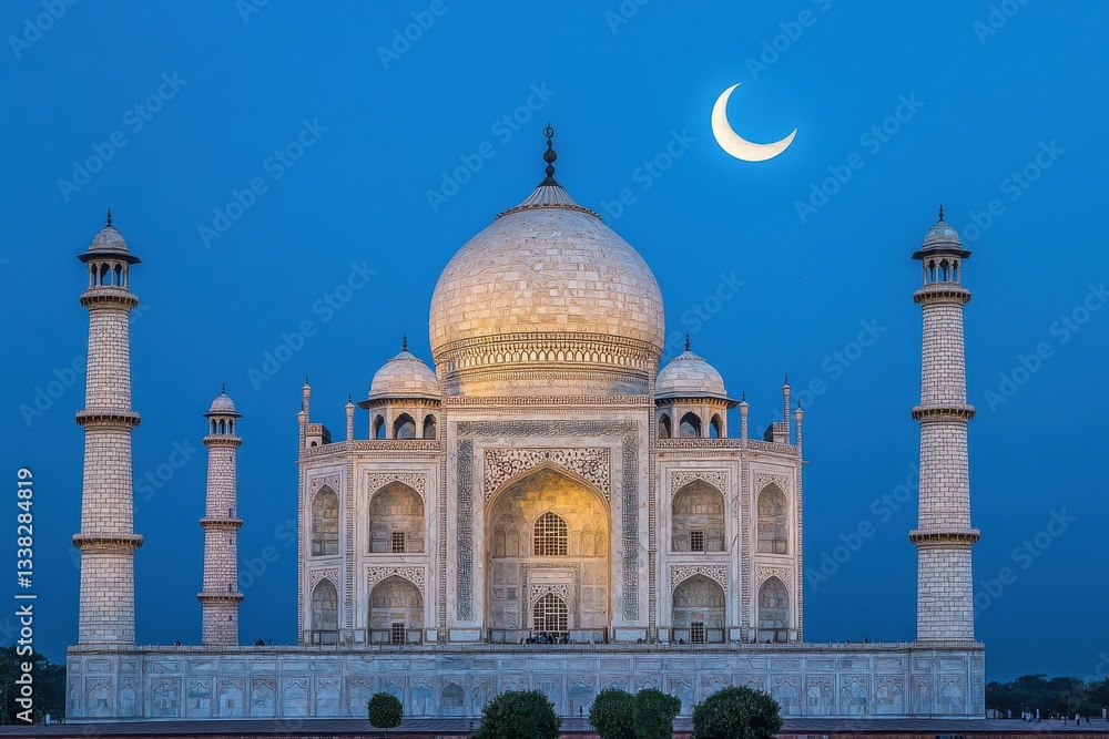 Obraz premium Taj mahal illuminated under a crescent moon in a serene blue twilight sky at dusk or early eveningkayum12196@gmail.com