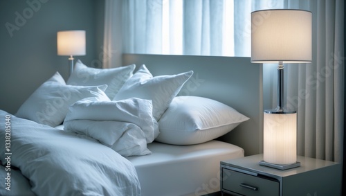 Many fluffy pillows on a bed and nightstand at home.