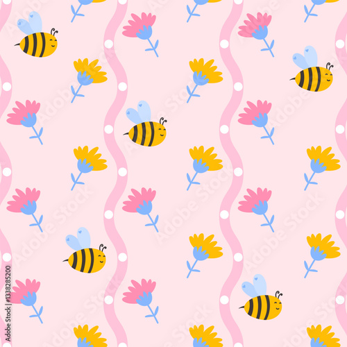 Playful and heartwarming seamless vector illustration with bees, flowers, and soft line elements, bringing a gentle and nature-inspired look to children's fabric, wallpapers, and festive packaging