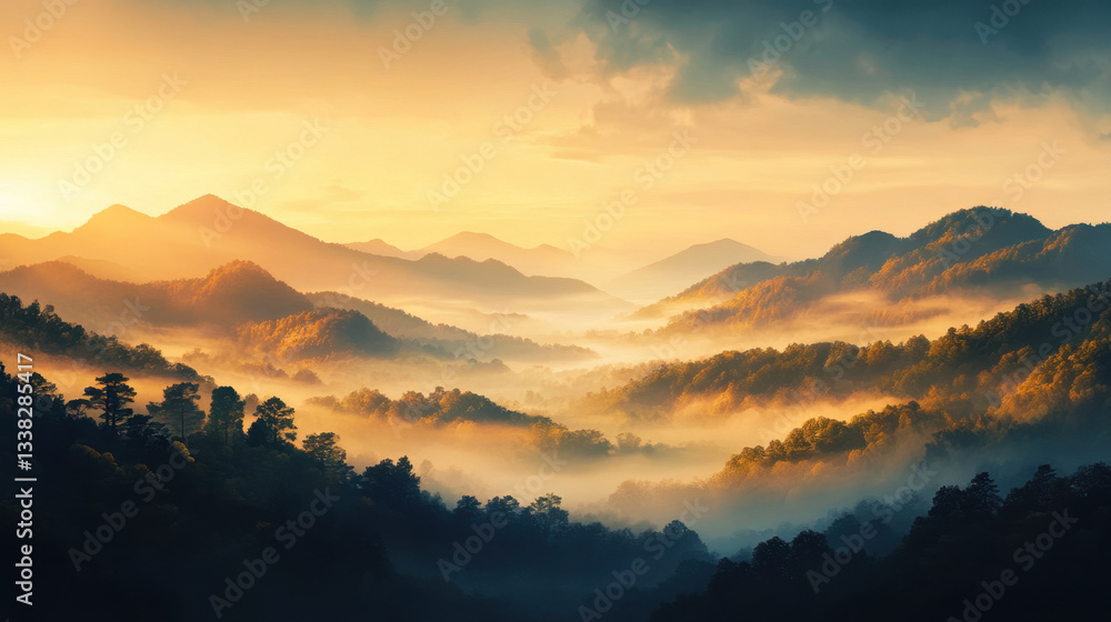 Obraz premium Misty morning in countryside with mountains and fog creating serene landscape. warm colors of sunrise illuminate scene, evoking sense of tranquility and beauty