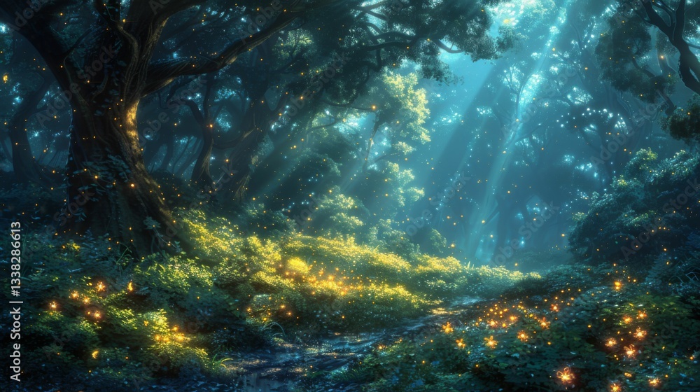 Fototapeta premium A forest with a path through it and a lot of light shining through the trees