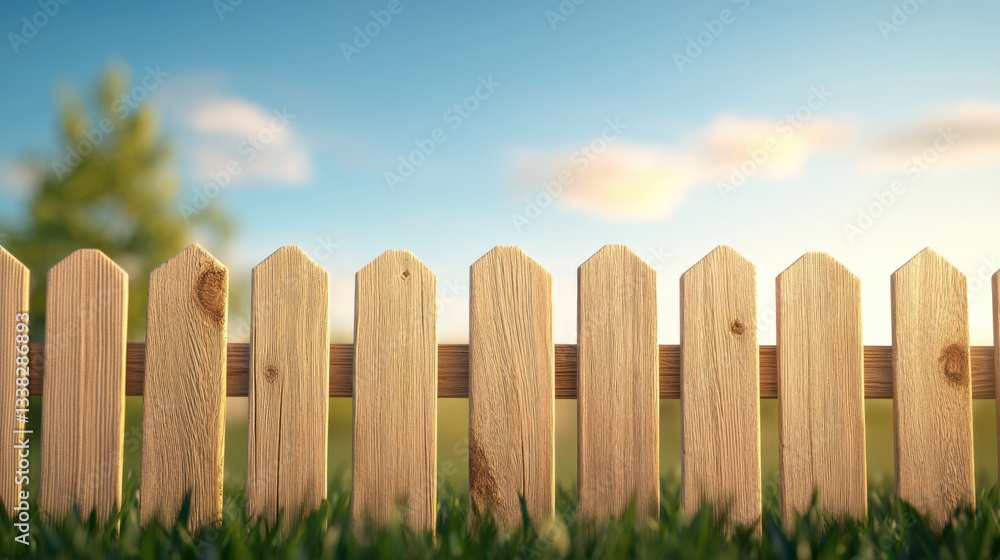 Fototapeta premium wooden fence stands against serene sky, surrounded by lush grass, creating peaceful outdoor scene. warm sunlight enhances natural beauty of wood