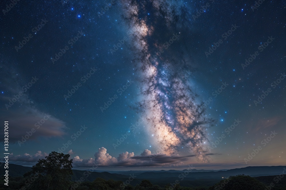 Fototapeta premium Stunning Night Sky View of the Milky Way Galaxy and Twinkling Stars in a Peaceful Landscape