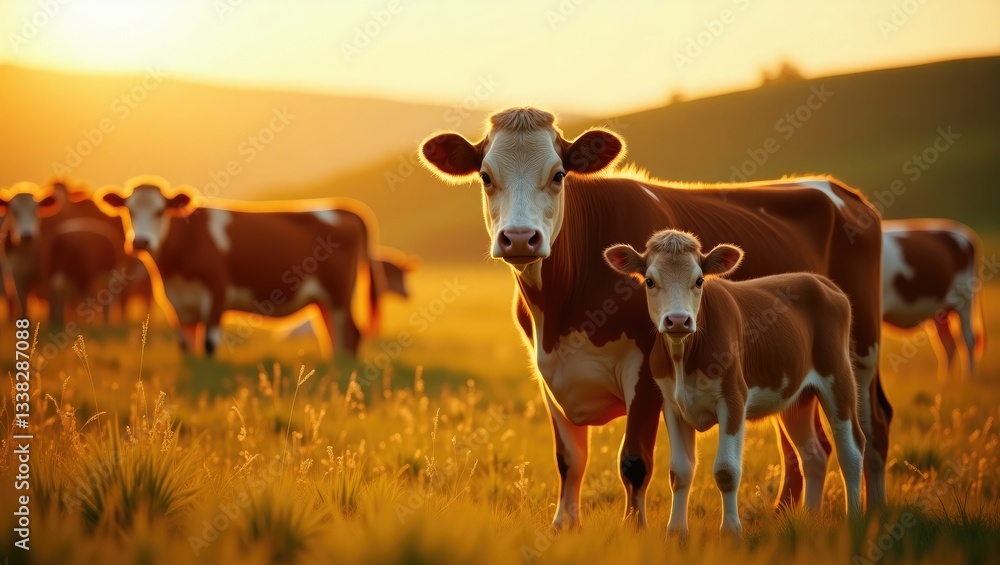Cattle in a golden field during dusk. A herd of cows grazing on pasture. Herd of cattle raised regeneratively on an agricultural farm. Sustainable agriculture. Cattle in a golden field during dusk. A herd of cows grazing on pasture. Herd of cattle raised regeneratively on an agricultural farm. Sustainable agriculture.
