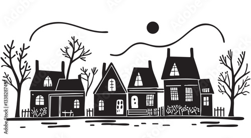 Old cottages town, vector drawing, doodles