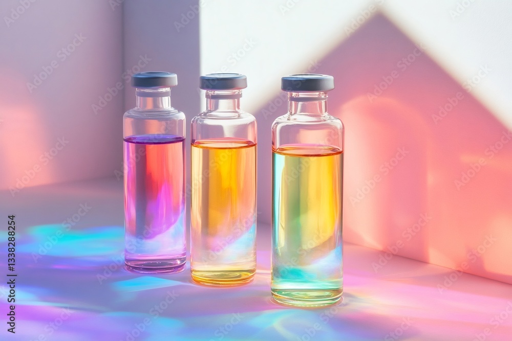 Three glass vials filled with colorful liquids sit on a surface, casting vibrant, rainbow colored reflections, creating a captivating visual display Three glass vials filled with colorful liquids sit on a surface, casting vibrant, rainbow colored reflections, creating a captivating visual display