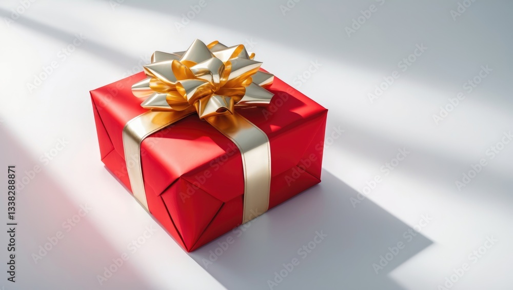 Obraz premium Red gift box with golden bow against a white background. Close-up view from above.