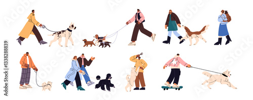 Set of dog owners are walking pets. Happy people lead doggies on leash. Characters with different canine breeds of puppies stroll and play outdoors. Flat isolated vector illustrations on white.
