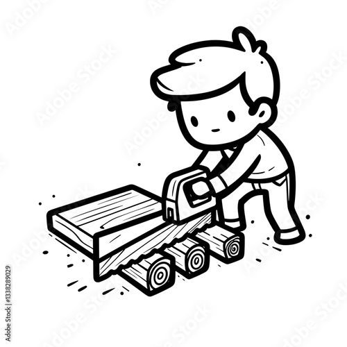 Boy sawing wood with determination on white background