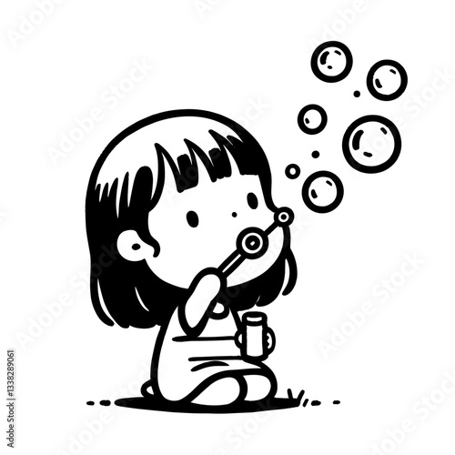 Girl blowing soap bubbles with joy on grass background